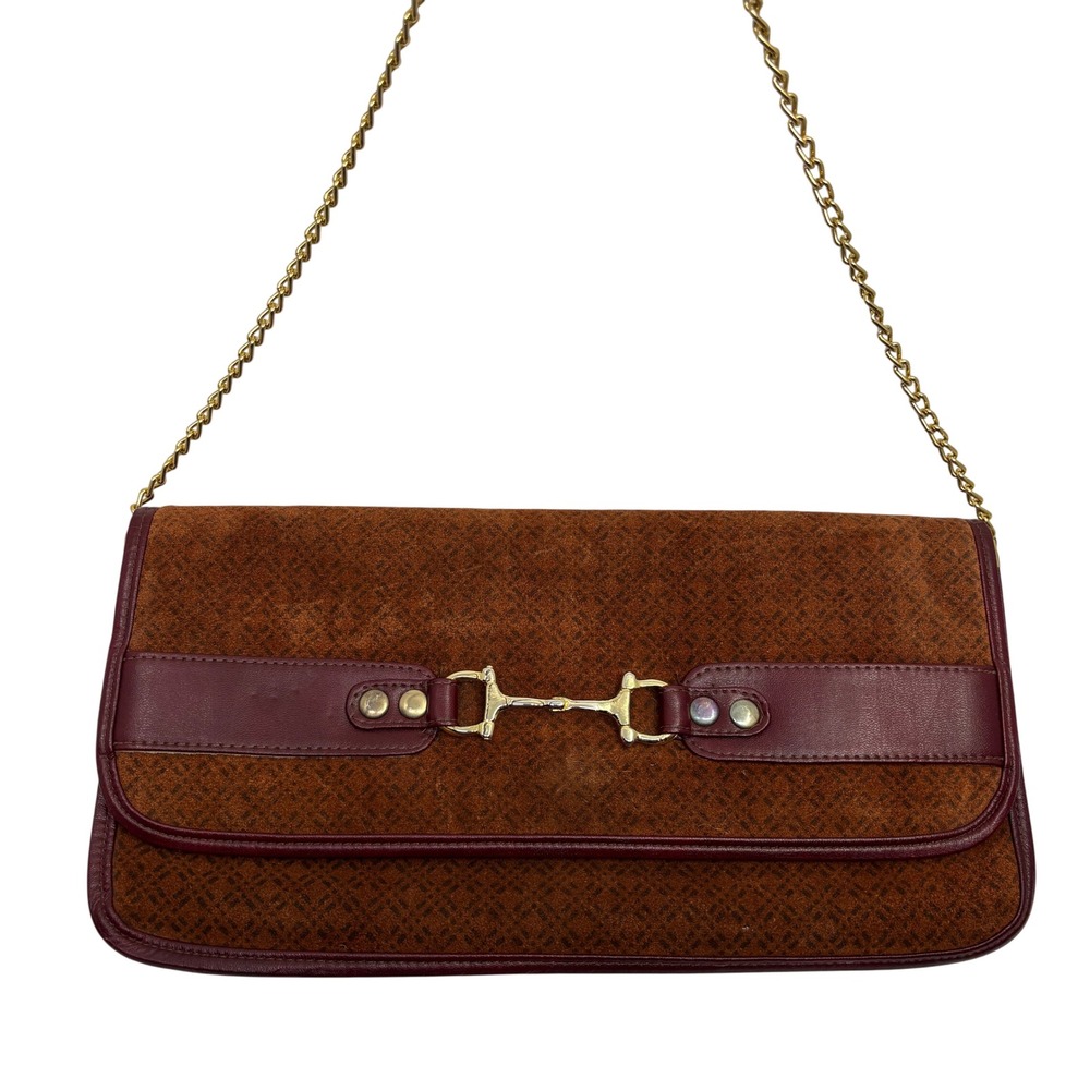 Vintage Brown Suede Horsebit Shoulder Bag Burgundy Leather Trim Gold Chain Strap